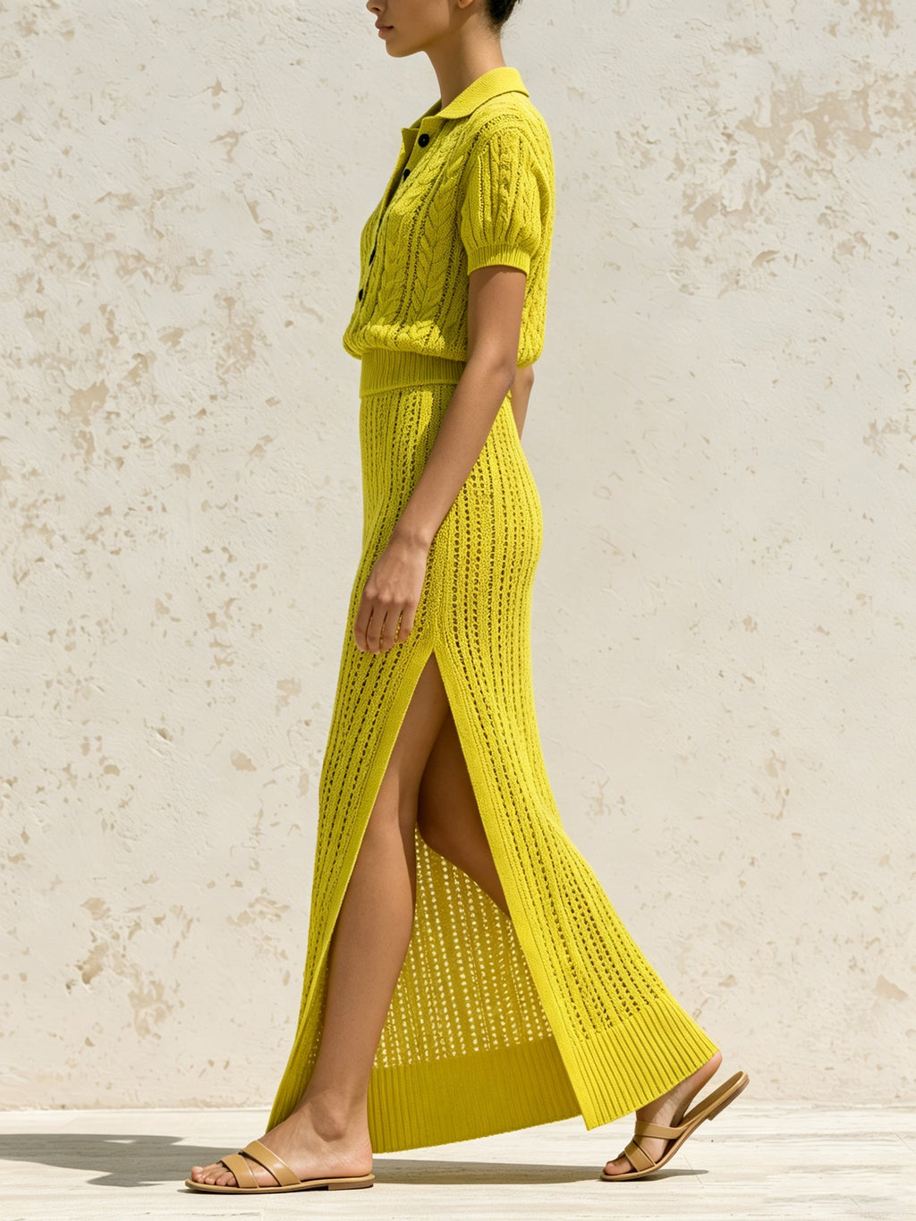 Women's Cable Knit Polo Top & Side Slit Maxi Skirt Set – Elegant Two Piece Sweater Outfit