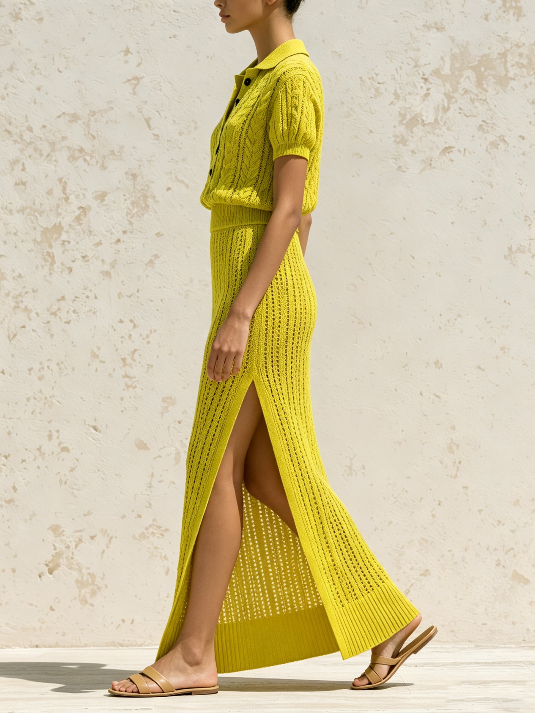 Women's Cable Knit Polo Top & Side Slit Maxi Skirt Set – Elegant Two Piece Sweater Outfit