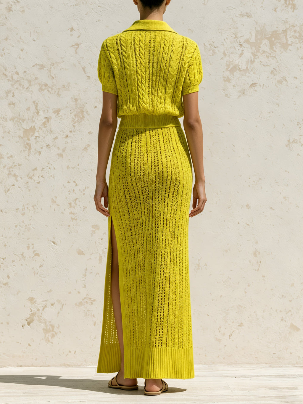 Women's Cable Knit Polo Top & Side Slit Maxi Skirt Set – Elegant Two Piece Sweater Outfit