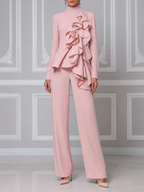 Pink Fall Fashion Ruffle Top & Wide Leg Pants Set