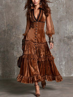 Vintage-style Polyester Velvet Contrasting Lace Trim Midi Dress