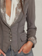 Vintage Floral Embroidery And Chiffon Panels Cotton-linen Blazer