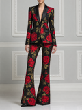 Black Red Rose Tailored Blazer & Flare Pants Set