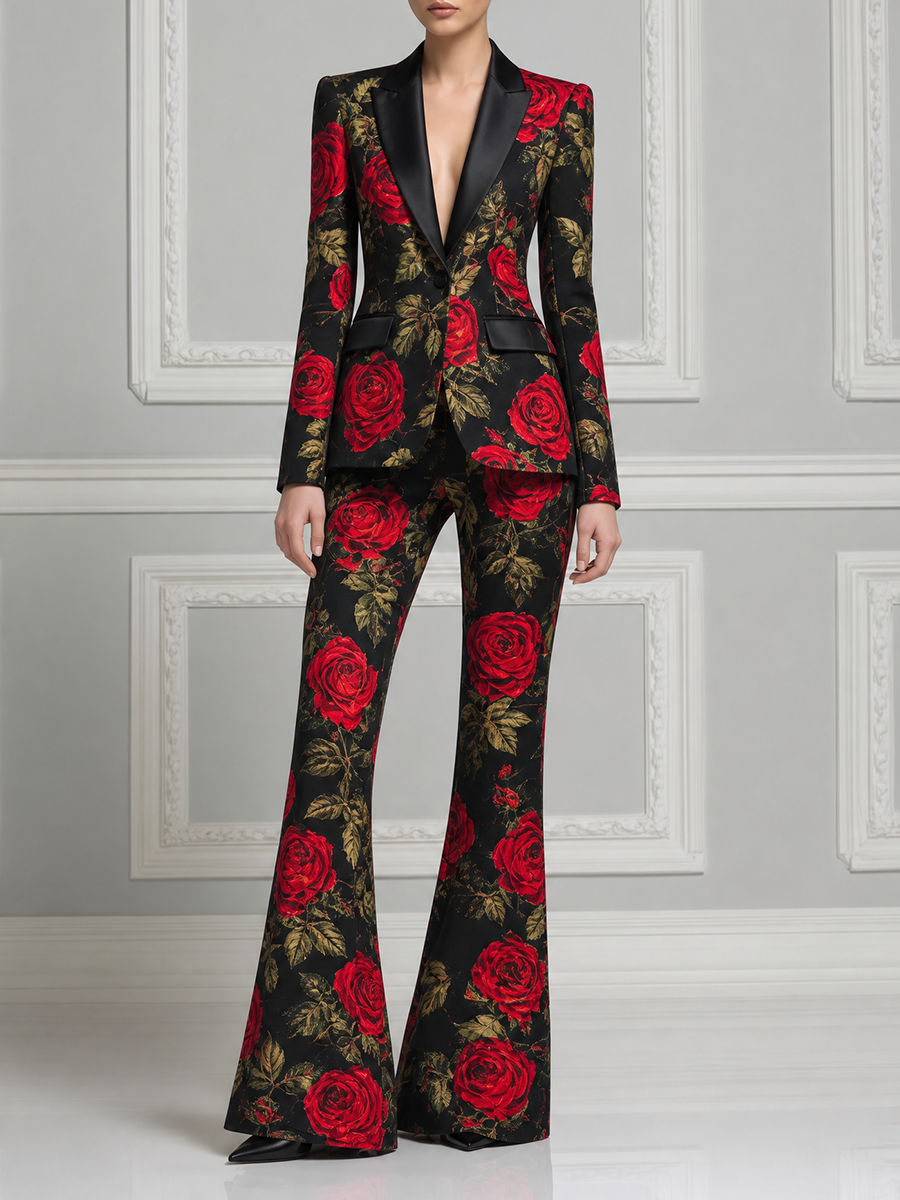 Black Red Rose Tailored Blazer & Flare Pants Set
