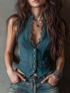 Vintage Lace Trim Cotton-linen Vest