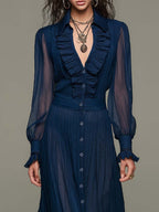 Vintage Elegance Serene Blue Chiffon Pleated Mid-Length Dress