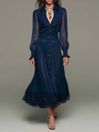 Vintage Elegance Serene Blue Chiffon Pleated Mid-Length Dress