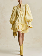 Women's Ruffle Hem Mini Dress – Stand Collar Balloon Sleeve Boho Shift Dress