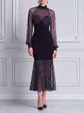 Black Dress Fall Wedding Guest Dress Polka Dot Mesh Mermaid Midi Dress