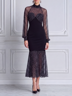 Black Dress Fall Wedding Guest Dress Polka Dot Mesh Mermaid Midi Dress