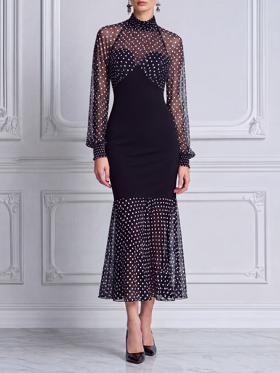 Black Dress Fall Wedding Guest Dress Polka Dot Mesh Mermaid Midi Dress