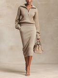 Women's Knit Two Piece Skirt Set – Quarter Zip Long Sleeve Sweater & Ribbed Midi Pencil Skirt