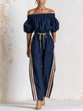 Women's Off Shoulder Puff Sleeve Jumpsuit – Drawstring Waist Wide Leg One-Piece Outfit