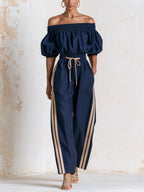 Women's Off Shoulder Puff Sleeve Jumpsuit – Drawstring Waist Wide Leg One-Piece Outfit