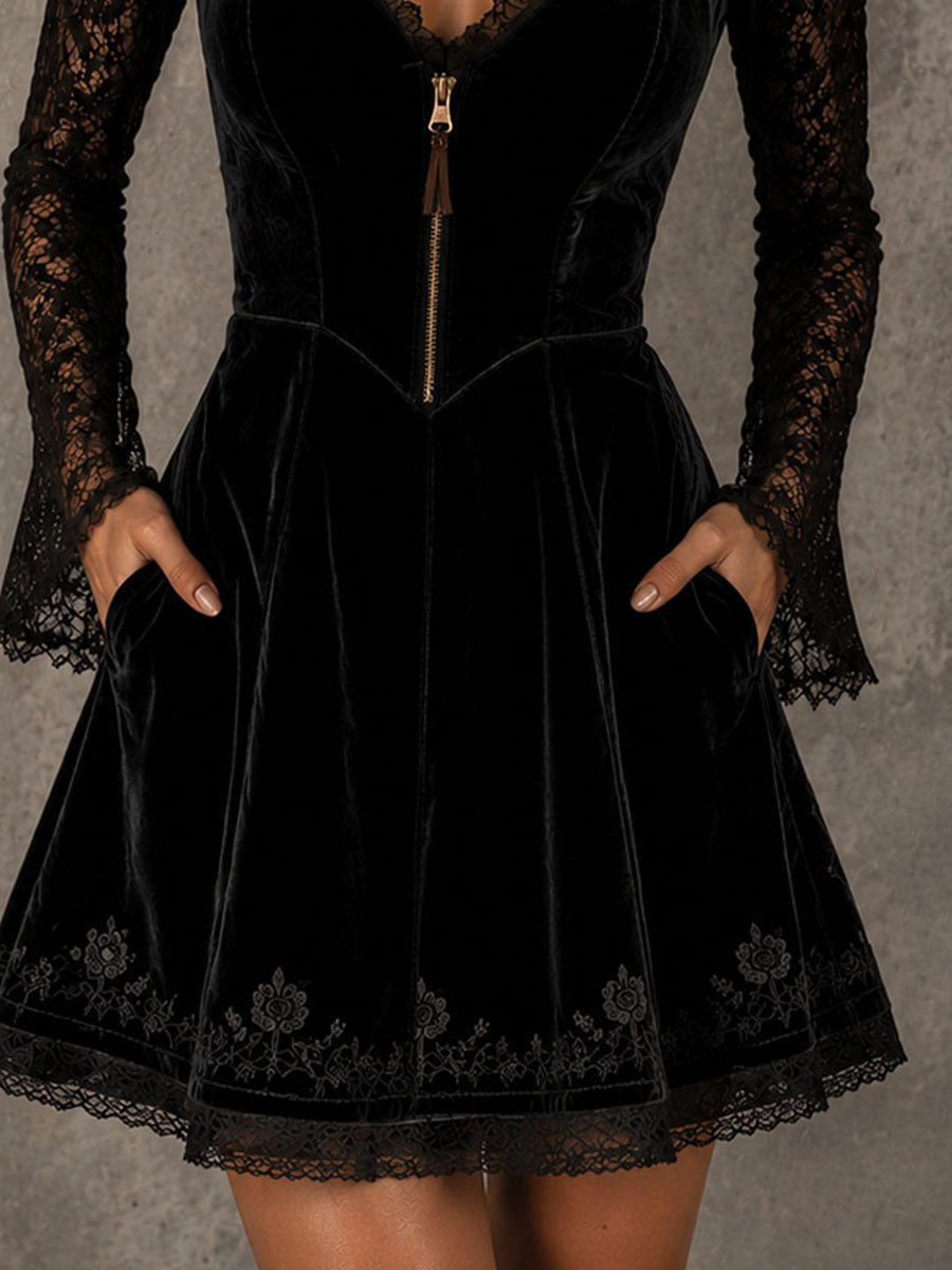 Gothic Black Velvet Lace Sleeve Embroidered Hem Mini Dress
