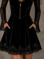 Gothic Black Velvet Lace Sleeve Embroidered Hem Mini Dress