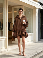 Brown Ruffle Hem Half-Zip Hoodie Dress