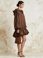 Brown Ruffle Hem Half-Zip Hoodie Dress