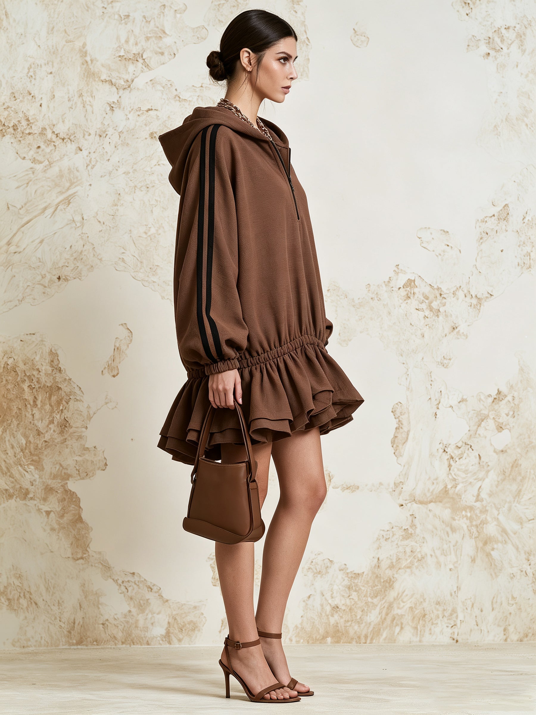 Brown Ruffle Hem Half-Zip Hoodie Dress