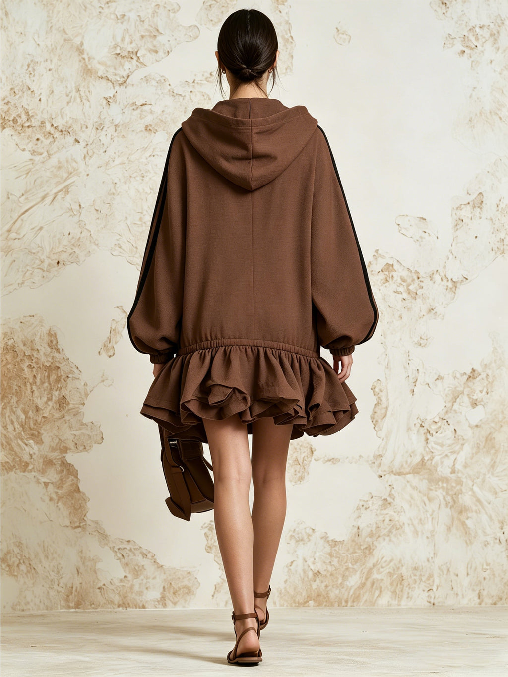 Brown Ruffle Hem Half-Zip Hoodie Dress