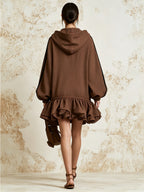 Brown Ruffle Hem Half-Zip Hoodie Dress