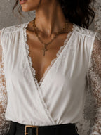 Elegant Surplice V Neck Sheer Lace Sleeve Blouse