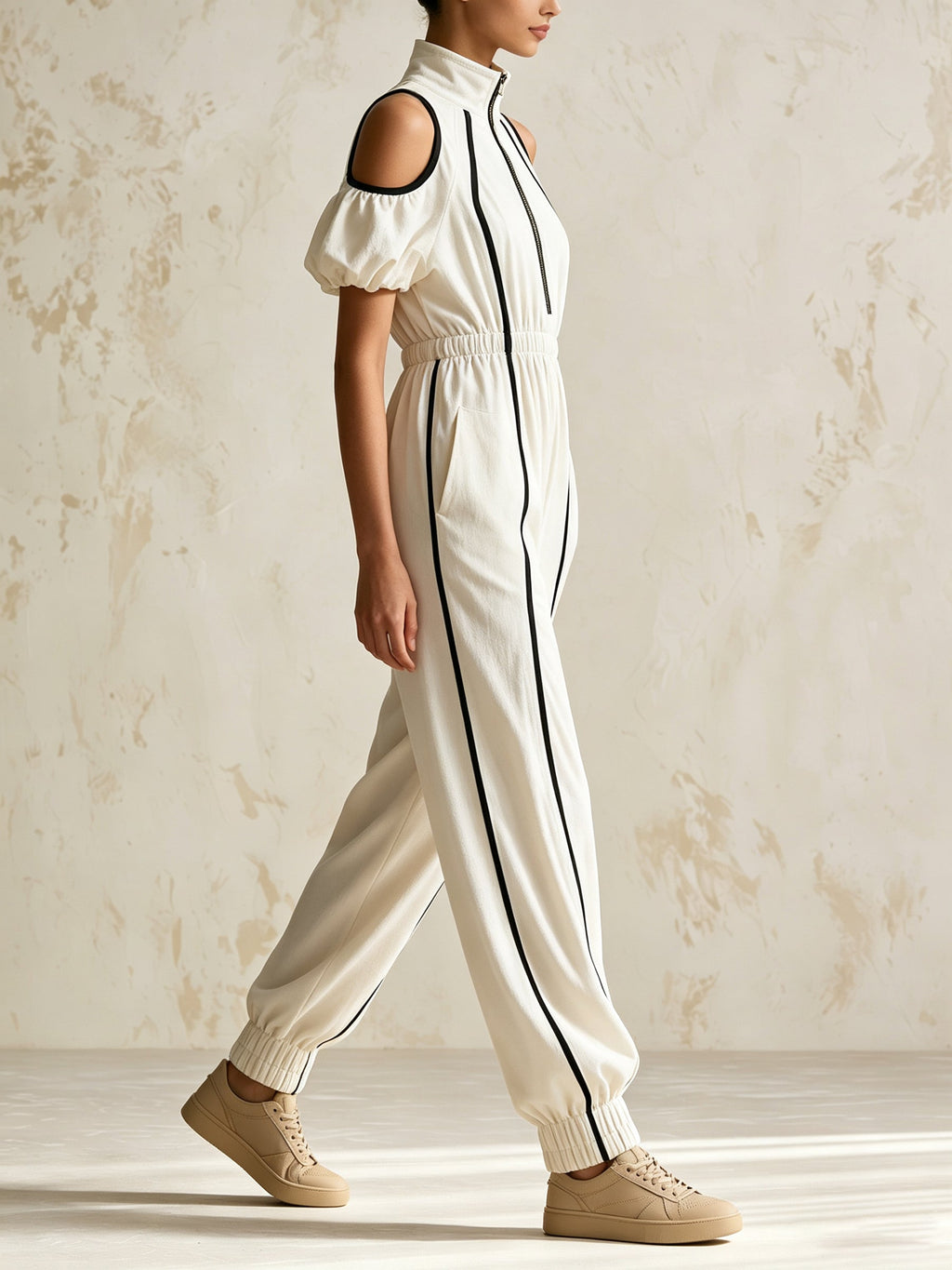 Women's Cold Shoulder Zip-Up Jumpsuit – High Neck Puff Sleeve Casual Wide Leg Romper