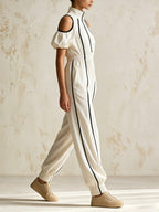 Women's Cold Shoulder Zip-Up Jumpsuit – High Neck Puff Sleeve Casual Wide Leg Romper