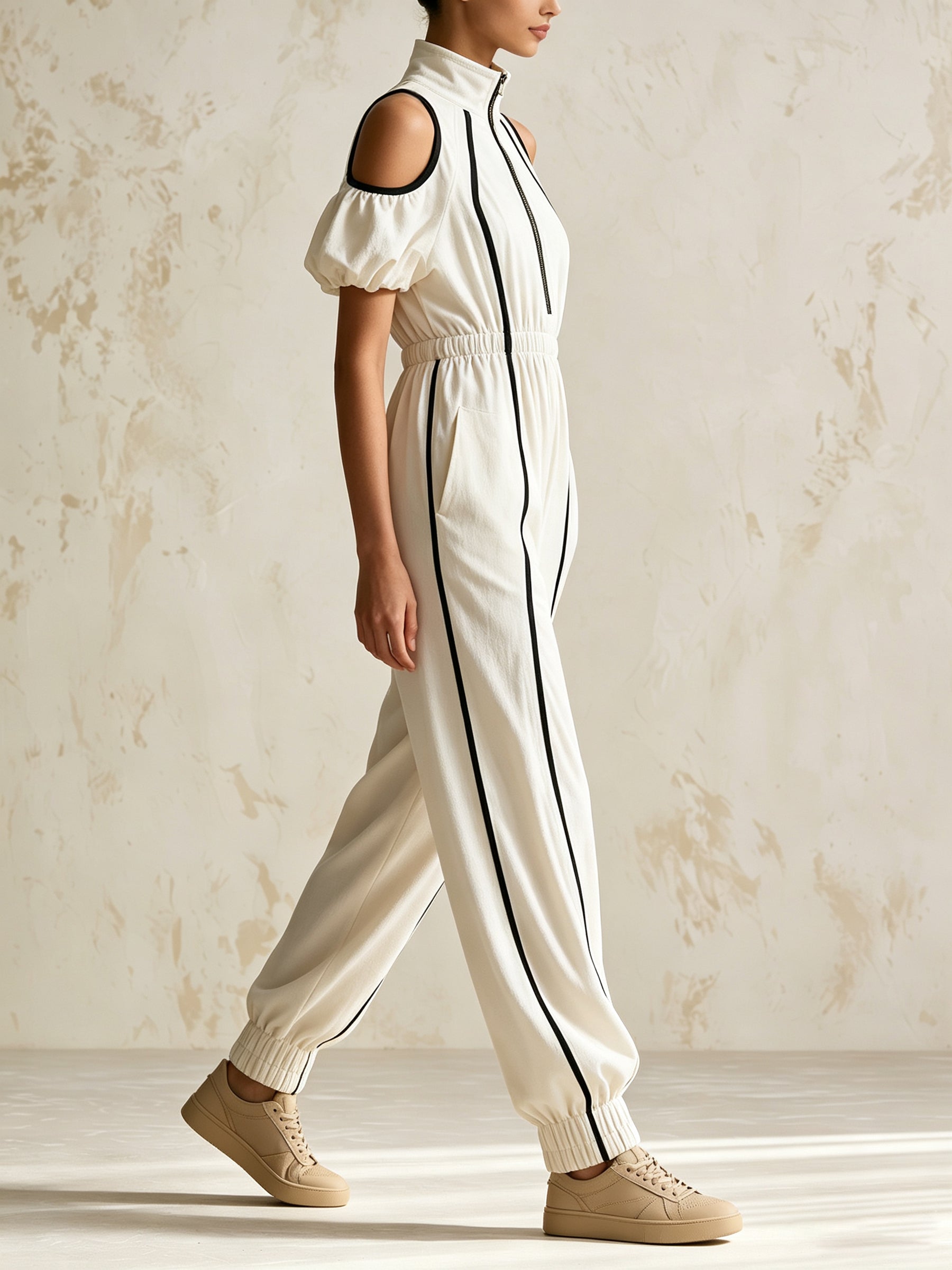 Women's Cold Shoulder Zip-Up Jumpsuit – High Neck Puff Sleeve Casual Wide Leg Romper