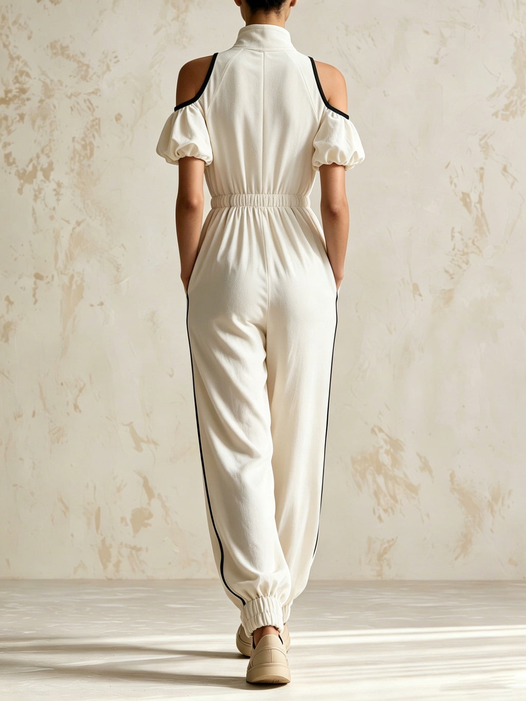 Women's Cold Shoulder Zip-Up Jumpsuit – High Neck Puff Sleeve Casual Wide Leg Romper