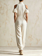 Women's Cold Shoulder Zip-Up Jumpsuit – High Neck Puff Sleeve Casual Wide Leg Romper
