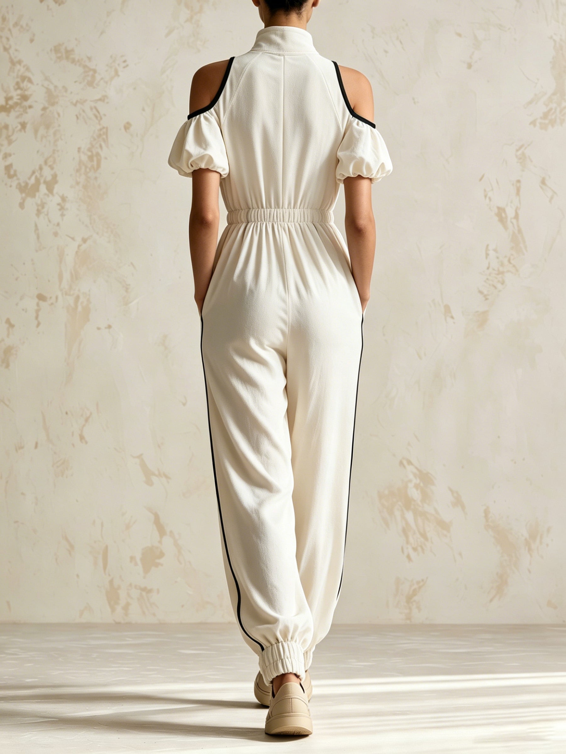 Women's Cold Shoulder Zip-Up Jumpsuit – High Neck Puff Sleeve Casual Wide Leg Romper