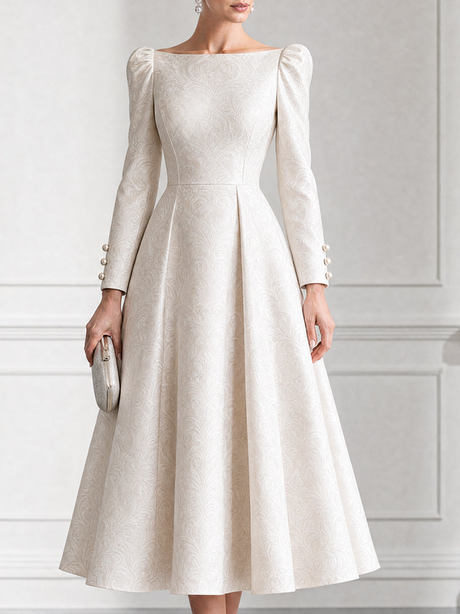 Elegant Jacquard Boat Neck Pearl Button Cuffs Dress