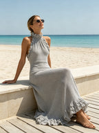 Elegant Ruffle Knit Maxi Dress – Halter Neck Sleeveless Long Dress With Feminine Details