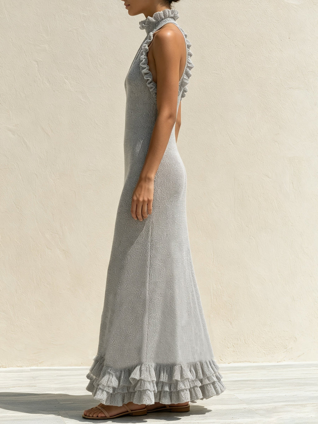 Elegant Ruffle Knit Maxi Dress – Halter Neck Sleeveless Long Dress With Feminine Details