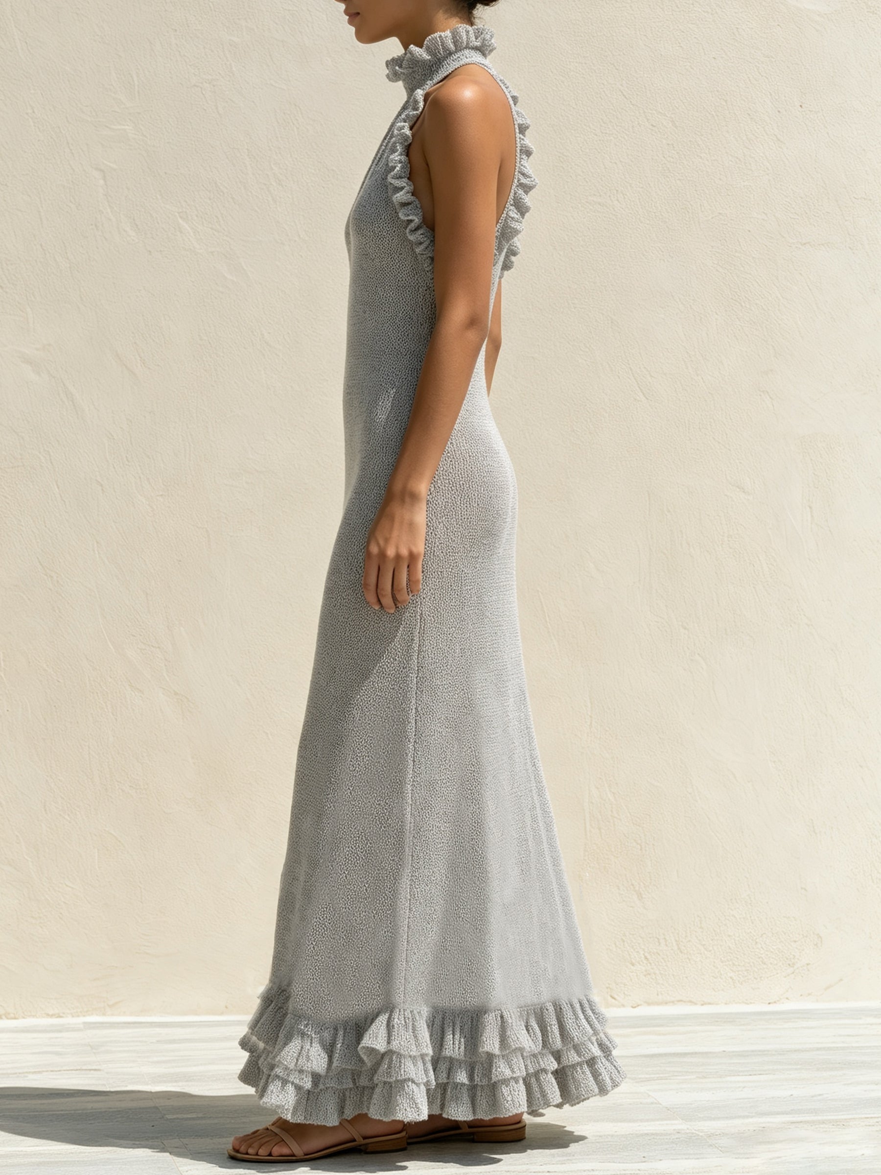 Elegant Ruffle Knit Maxi Dress – Halter Neck Sleeveless Long Dress With Feminine Details
