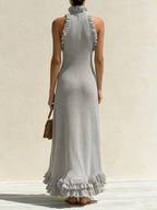Elegant Ruffle Knit Maxi Dress – Halter Neck Sleeveless Long Dress With Feminine Details