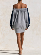 Off-Shoulder Color Block Knit Mini Dress – Relaxed Oversized Sweater Dress