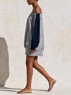 Off-Shoulder Color Block Knit Mini Dress – Relaxed Oversized Sweater Dress