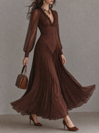 Vintage V-Neck Puff Sleeve Pleated Maxi Dress with Ruffle Trim