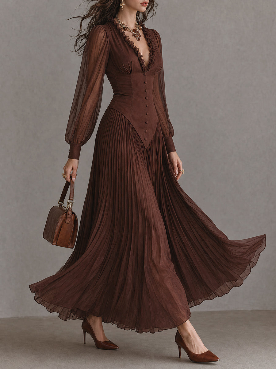 Vintage V-Neck Puff Sleeve Pleated Maxi Dress with Ruffle Trim