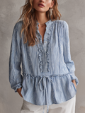 Romantic Blue Striped Ruffle Blouse