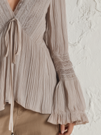 Delicate Beige Pleated Tie-Front Blouse
