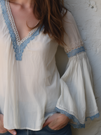 Romantic White Lace Trim Bell Sleeve Blouse