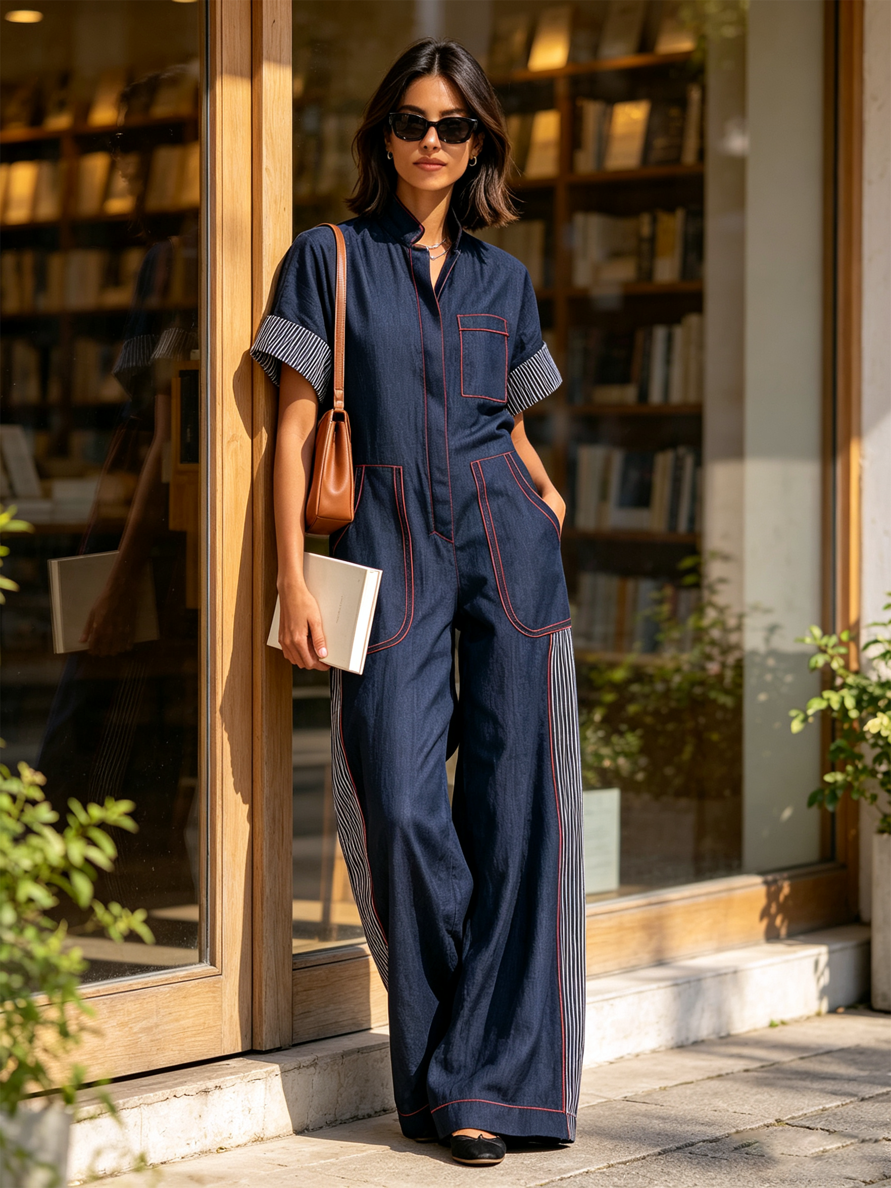 Navy Workwear Contrast Red Stitch Striped Panel Wide Leg Jumpsuit