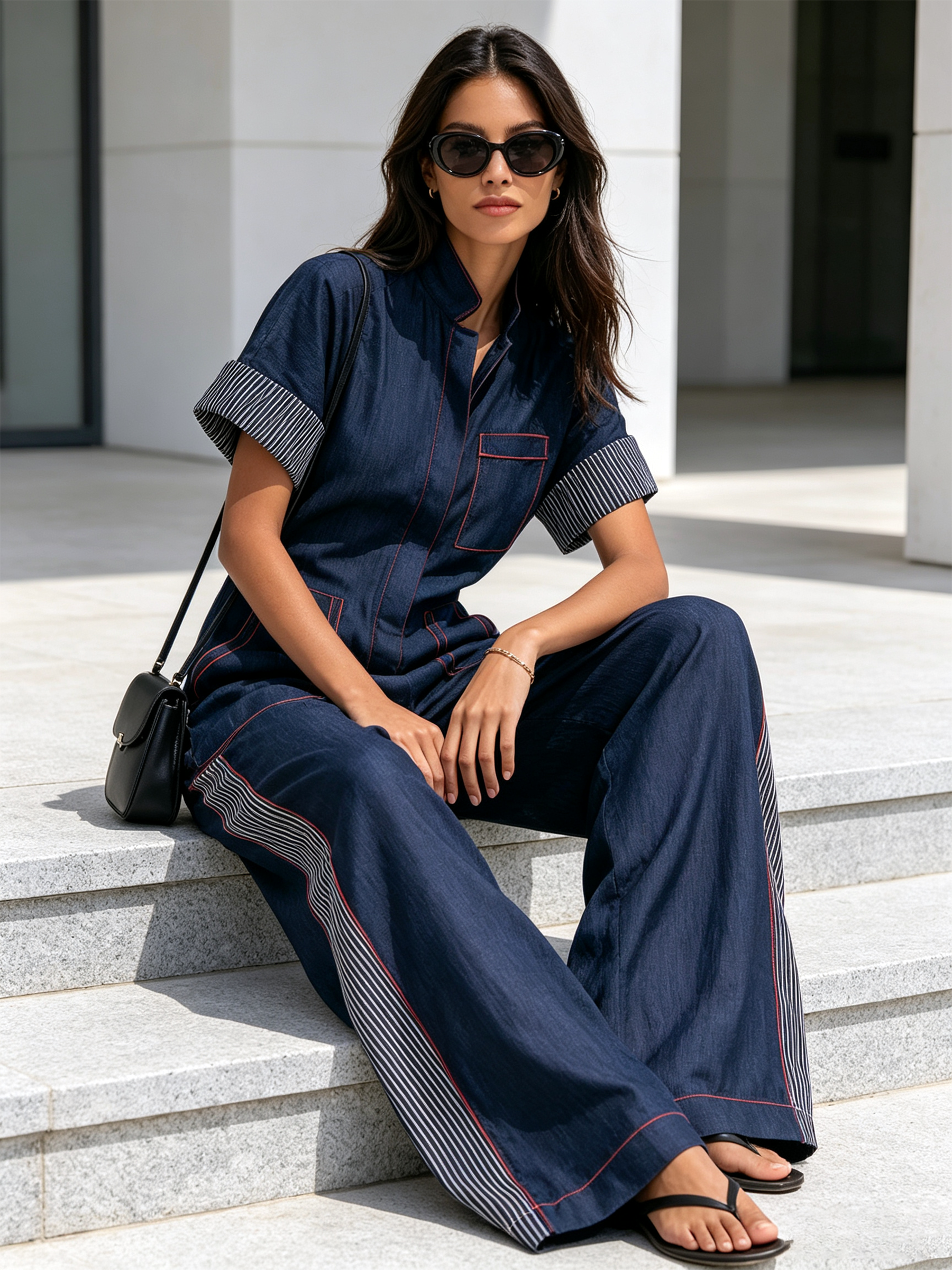 Navy Workwear Contrast Red Stitch Striped Panel Wide Leg Jumpsuit