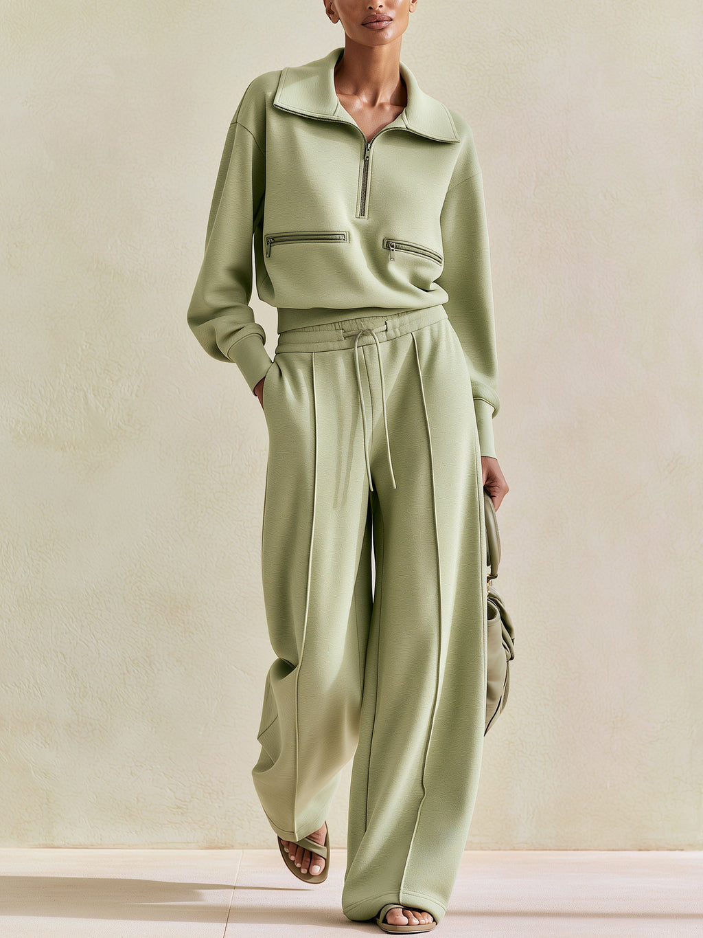 Minimalist Half-Zip Pullover & Wide-Leg Pants Set – Luxury Casual Two-Piece Lounge Outfit