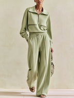 Minimalist Half-Zip Pullover & Wide-Leg Pants Set – Luxury Casual Two-Piece Lounge Outfit