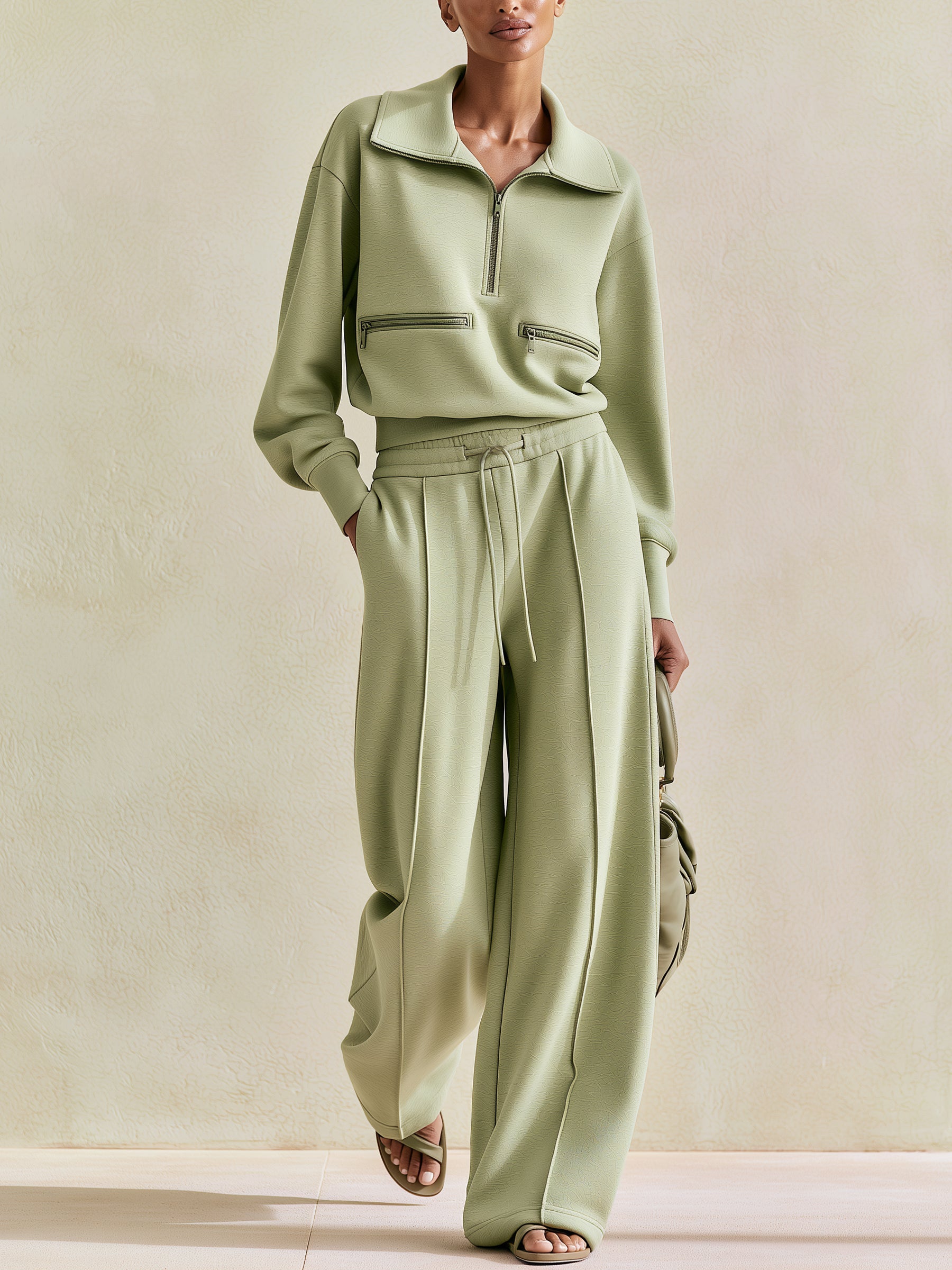 Minimalist Half-Zip Pullover & Wide-Leg Pants Set – Luxury Casual Two-Piece Lounge Outfit
