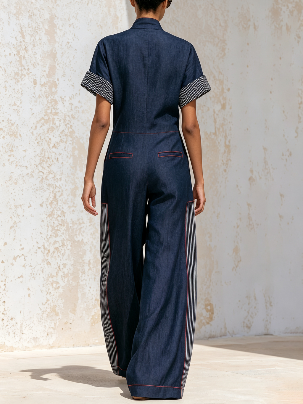 Navy Workwear Contrast Red Stitch Striped Panel Wide Leg Jumpsuit